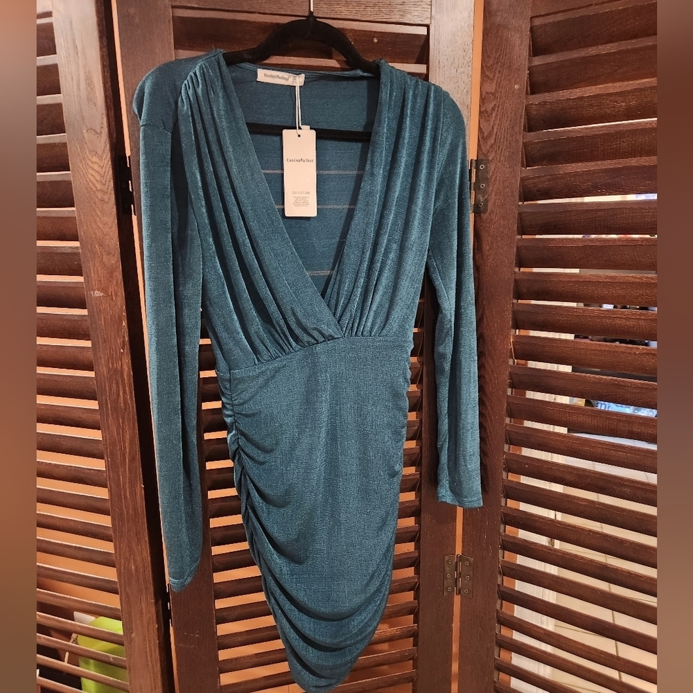 Elegant Teal Long Sleeve Mini Dress